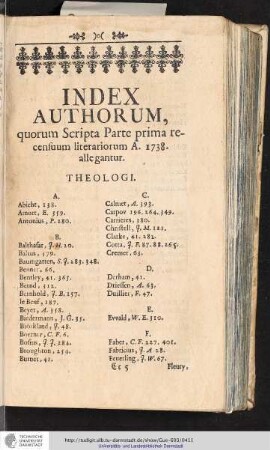 INDEX AUTHORUM, quorum Scripta Parte prima recensuum literariorum A. 1738. allegantur. THEOLOGI.
