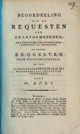 Beoordeeling van de requesten der gereformeerden, ter behouding van hunne kerkgebouwen en inkomsten