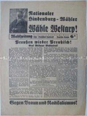 Illustrierte Flugschrift mit Wahlpropaganda der Liste "Deutsches Landvolk - Deutsche Rechte" zur Landtagswahl in Preußen 1932
