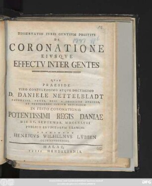 Dissertatio Ivris Gentivm Positivi De Coronatione Eivsqve Effectv Inter Gentes