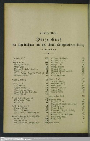 Fünfter Theil. Verzeichniß der Theilnehmer an der Stadt-Fernsprecheinrichtung