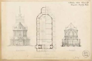 Interimskirche Monatskonkurrenz Oktober 1874: Grundriss, Aufriss Choransicht, Querschnitt; Maßstabsleiste