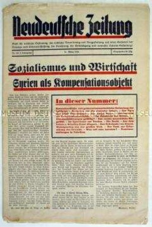 Völkische Wochenzeitung "Neudeutsche Zeitung" u.a. zu Wirtschaftsfragen