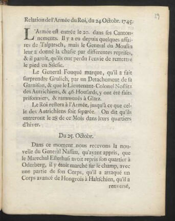 Relation de l'Armée du Roi, du 24 Octobr. 1745
