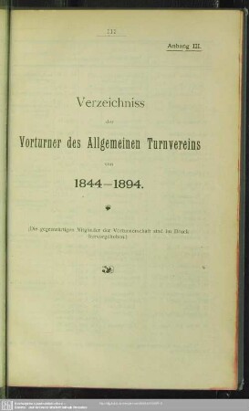 Anhang III. Verzeichniss der Vorturner des Allgemeinen Turnvereins von 1844-1894