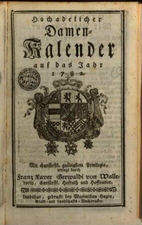 Hochadelicher Damen-Kalender. 1782