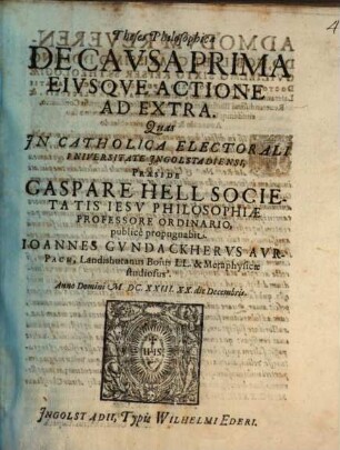 Theses Philosophicae De Cavsa Prima Eivsqve Actione Ad Extra