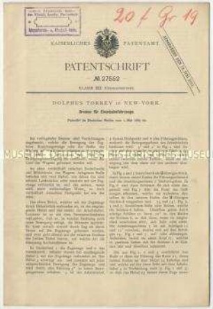 Patentschrift einer Bremse für Eisenbahnfahrzeuge, Patent-Nr. 27552