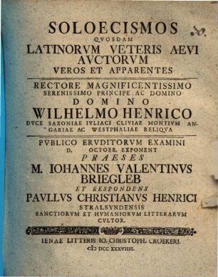 Soloecismos quosdam Latinorum veteris aevi auctorum veros et apparentes