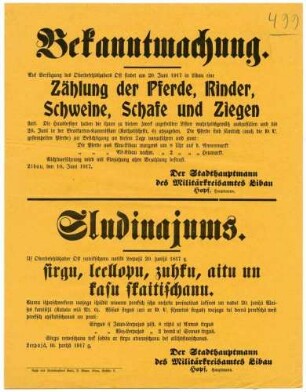 "Bekanntmachung." Zählung der Pferde, Rinder, Schweine, Schafe und Ziegen