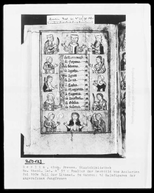Psalter der Mechthild von Anhalt — Litaneiseite, umrahmt von Brustbildern der angerufenen Heiligen, Folio 190verso
