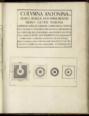 Columna Antoniniana Marci Aurelii Antonini Augusti Rebus Gestis Insignis : Germanis Simul, Et Sarmatis, Gemino Bello Devictis Ex S. C. Romae In Antonini Foro, Ad Via[m] Flaminia[m], Erecta, Ac Utriusqve Belli Imaginibus Anaglyphice Insculpta Nunc Primum A Petro Sancti Bartolo, Iuxta Delineationes In Bibliotheca Barberina Asservatas, A Se Cum Antiquis Ipsius Columnae Signis Collatas, Aere Incisa Et In Lucem Edita, Cum Notis Excerptis Ex Declaralionibus Io.Petri Bellorii