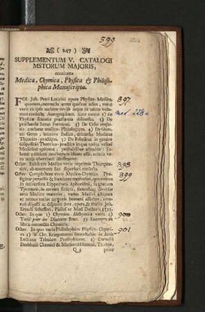 Supplementum V. Catalogi Mstorum Majoris, continens Medica, Chymica, Physica & Philosophica Manuscripta.