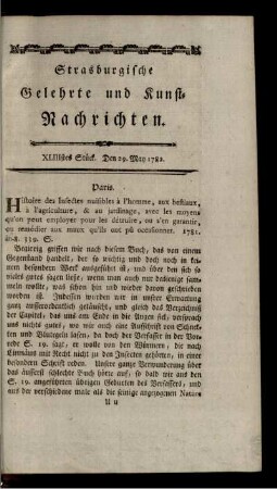 XLIIIstes Stück. Den 29. May 1782.