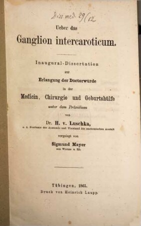 Ueber das Ganglion intercaroticum : Inaugural-Dissertation