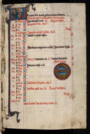 Kalendar, Monat Februar: Kalendartafel mit Abfolge der Goldenen Zahl, Sonntagsbuchstabe, Römischer Kalender und Gedenktagen. Zierinitiale: KL (Kalendae), Monatsbild: Ein Mann, der sich am Feuer einer Kochstelle die Füße wärmt, Sternbild: Fische