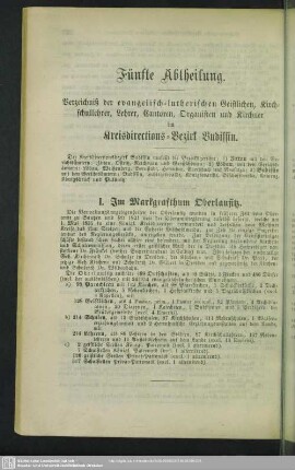 Fünfte Abtheilung. Verzeichniß der evangelisch-lutherischen Geistlichen, Kirchschullehrer, Lehrer, Cantoren, Organisten und Kirchner im Kreisdirections-Bezirk Budissin
