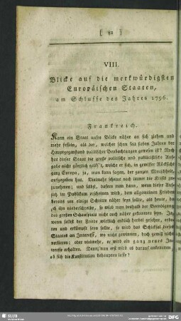 VIII. Blicke auf die merkwürdigsten Europäischen Staaten, am Schlusse des Jahres 1796.