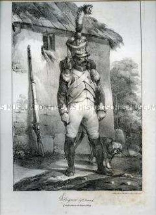 Uniformdarstellung, Voltigeur der Linien-Infanterie in großer Uniform, Frankreich, 1809. Tafel Nr. 7 aus: Recueil de Costumes d'Infanterie de Ligne.