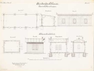 Oder-Spree-Kanal. Schleuse, Kersdorf: Dammbalkenschuppen, Schleusenknechtsbude: Grundriss, Ansicht, Schnitte 1:50