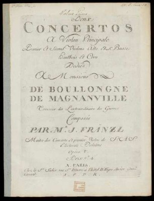 Deux concertos à violon principale, premier et second violons, alto et basse, hautbois et cors. Violino primo : opera V