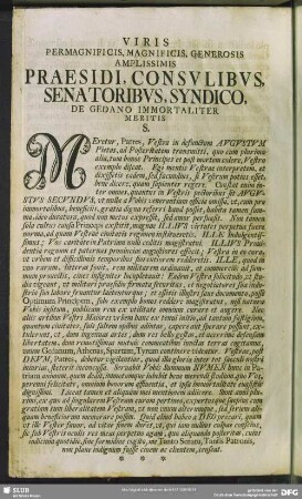 Viris Permagnificis, Magnificis, Generosis Amplissimis Praesidi, Consulibus, Senatoribus, Syndico, De Gedano Immortaliter Meritis