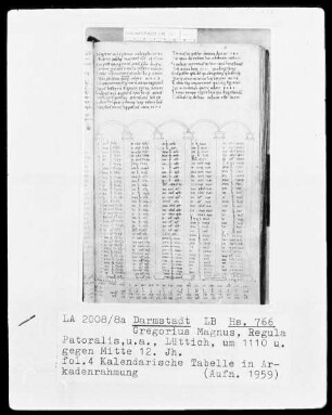Gregorius Magnus und andere — Kalendarium astronomicum — Kalendarische Tabelle in Arkadenrahmung, Folio 4recto