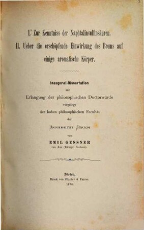 I. Zur Kenntniss der Naphtalinsulfinsäuren : II. Ueber die erschöpfende Einwirkung des Broms auf einige aromatische Körper. Inaug. Diss.