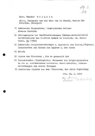 Aufstellung der Dokumente von und über Theodor Heuglin im Staatl. Museum für Naturkunde Stuttgart