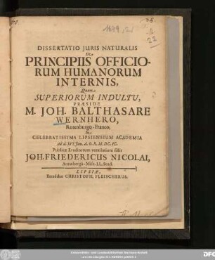 Dissertatio Iuris Naturalis De Principiis Officiorum Humanorum Internis