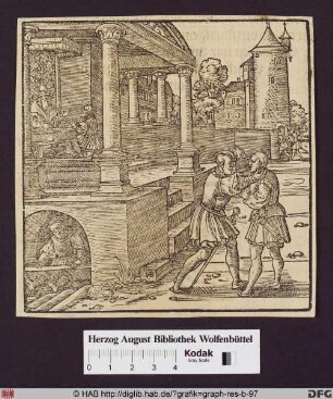 In einer reichen Säuelenarchitektur ein bärtiger Mann auf einem Thron, davor ein Kniender Bittsteller. Vor dem Gebäude diverse Bestrafungsszenen.