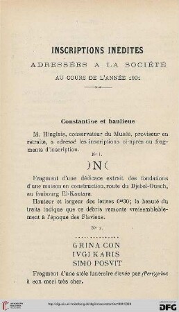 Sér. 4: Inscriptions inédites adressées à la société au cours de l'année 1901