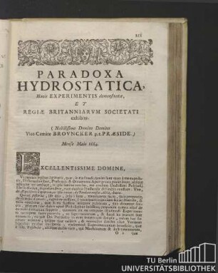 Paradoxa Hydrostatica, Novis Experimentis demonstrata, et Regiae Britanniarum Societati exhibita. ...