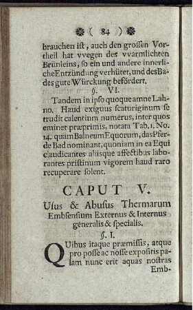 Caput V. Usus & Abusus Thermarum Embsensium Externus & Internus generalis & specialis.