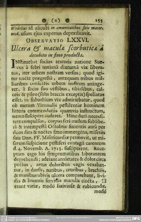 Observatio LXXVI. Ulcera & maculae scorbuticae a decubitu in fimo productae