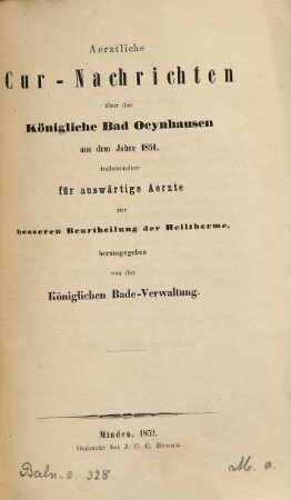 Ärztliche Cur-Nachrichten über das Königliche Bad Oeynhausen aus dem Jahre ... : insbesondere für auswärtige Ärzte, 1851