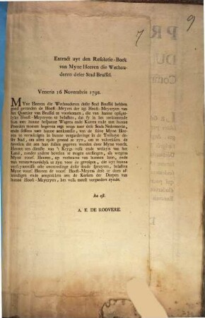 Extract uyt den recolutie-Boek van Myne Heeren die Wethouderen deser Stad Brussel : Veneris 16 Novembris 1792