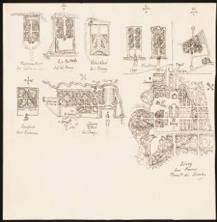Französische Gartenanlagen Faremontiers bei Coulommiers, La Fortelle und Vonisles bei Rosoy, Soupire bei Soissons, Gesvres le Duc bei Crouy, Livry bei Paris, Fayel bei Compiegne, Montrouge: Fünf Grundrisse à ca. 5 x 5 cm, zwei Lagepläne mit Grundrissen à ca. 8 x 9 cm, zwei Grundrisse von Montrouge aus den Jahren 1790 und 1834 (Nach- oder Durchzeichnungen)