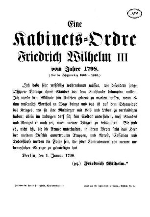 Eine Kabinetts=Ordre Friedrich Wilhelm III. vom Jahre 1798. (Aus der Gesetzsammlung 1806 - 1810.)