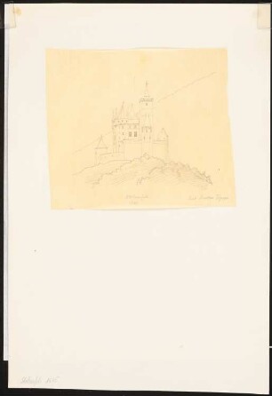 Stolzenfels am Rhein: Perspektivische Ansicht der Burg von 1645, nach Merians Topographie