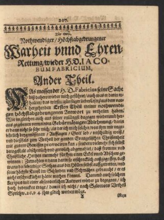 Nothwendiger/ Höchstabgedrungener Warheit unnd Ehren-Rettung/ wieder H. D. Iacobum Fabricium, Ander Theil.