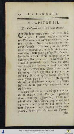 III. Des Obligations envers nous-mêmes.