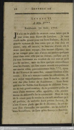 Lettre VI. A Mlle. P * * *. Ratisbonne. 30 Août, 1716