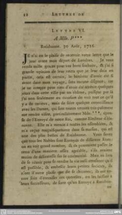 Lettre VI. A Mlle. P * * *. Ratisbonne. 30 Août, 1716