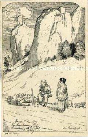 Postkarte mit Graphikreproduktion von Ernst Liebermann