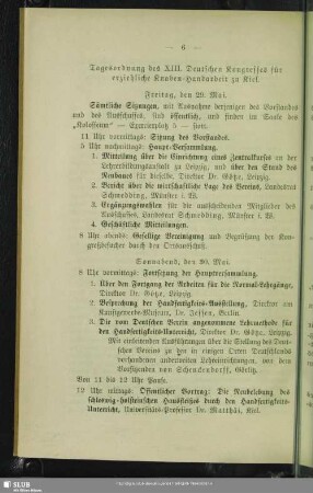 Tagesordnung des XIII. Deutschen Kongresses für erziehliche Knaben-Handarbeit zu Kiel