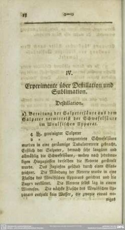 IV. Experimente über Destillation und Sublimation