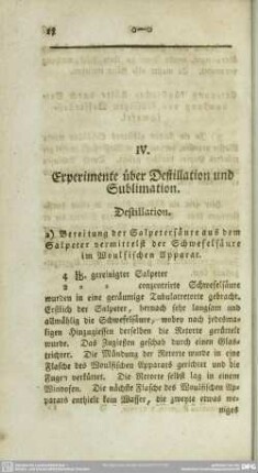 IV. Experimente über Destillation und Sublimation