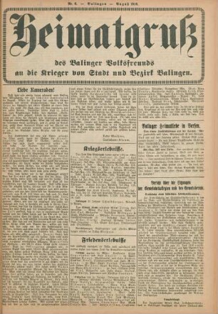 6.1916: Heimatgruß des Balinger Volksfreunds an die Krieger von Stadt und Bezirk Balingen