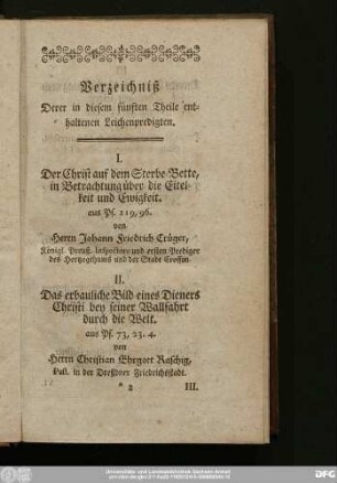 Verzeichniß Derer in diesem fünften Theile enthaltenen Leichenpredigten.